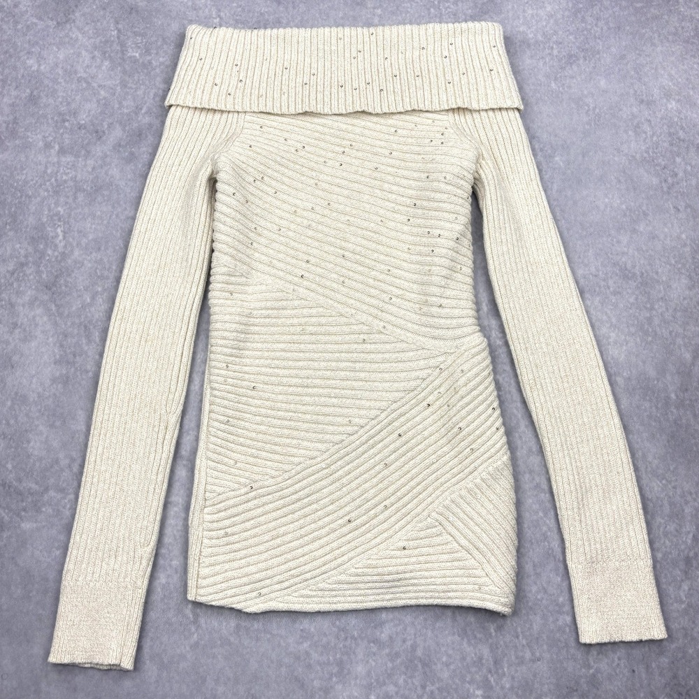 WHBM Sweater Womens XS White Sequin Metallic Wool Off The Shoulder Ribbed Knit